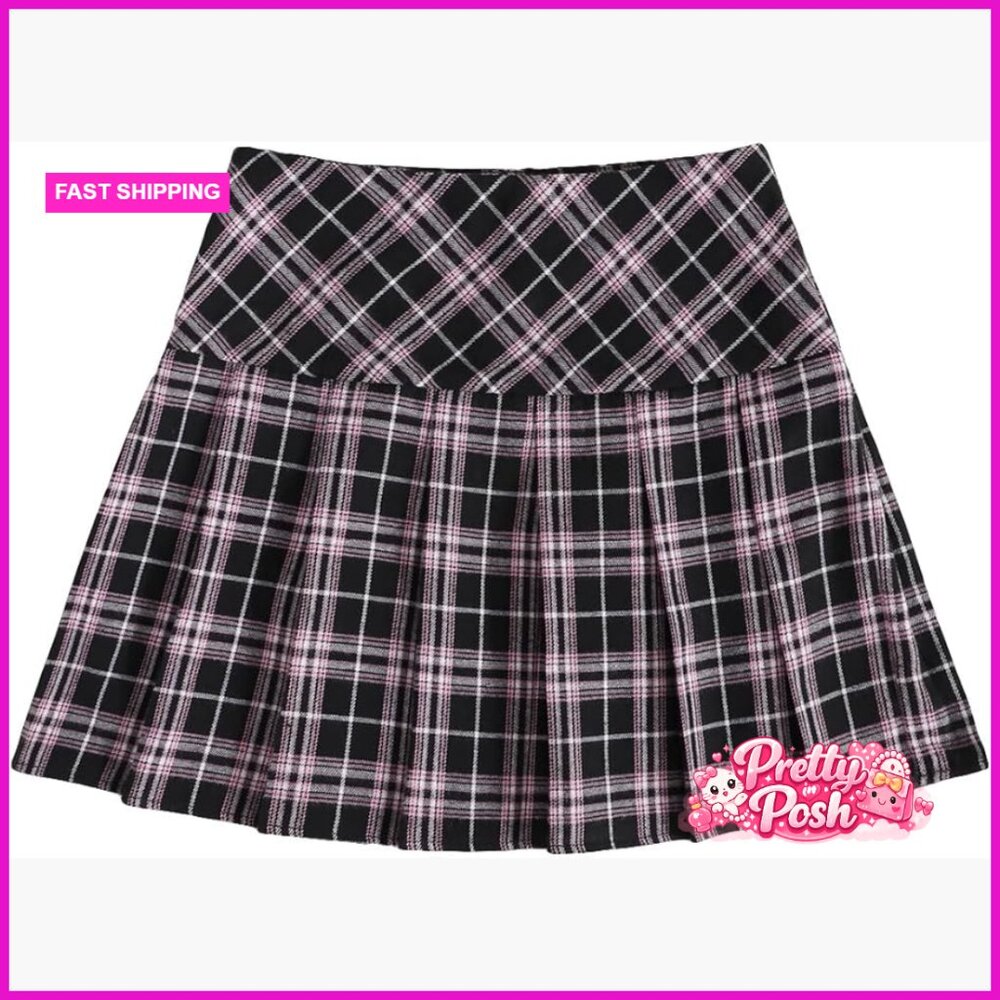 Polyester Pleated Skirt High Waist A-Line Mini Skort Plaid